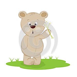 Cute little Teddy bear carry a bouquet flowers on a white background