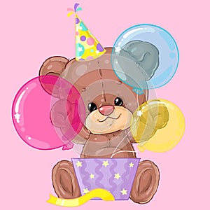 Cute little teddy bear with gift box and balloons. Birthday greeting card. Happy moment. Congratulation. Children character.