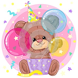 Cute little teddy bear with gift box and balloons. Birthday greeting card. Happy moment. Congratulation. Children character.