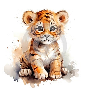 Cute little tiger cub isolated on white background. Watercolor cartoon illustration