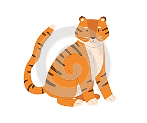 Cute little tiger cub sitting with tail raised up. Baby animal character with smiling friendly muzzle. Colored flat