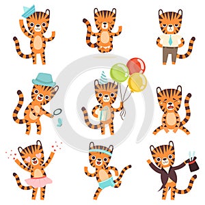 Cute Little Tiger in Different Situations Set, Adorable Wild Animal Cartoon Character Vector Illustration