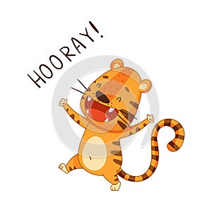 Cute little tiger exclaiming hooray. Adorable baby animal character cartoon vector illustration