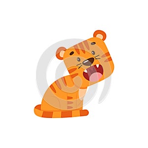 Cute little tiger growls sitting. Simple cartoon flat illustration for kids. Cool wild animal character. Symbol of the new year