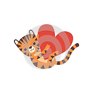 Cute Little Tiger Holding Big Heart, Adorable Wild Animal Cartoon Character Vector Illustration