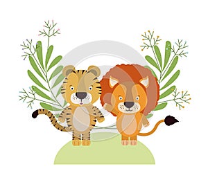 Cute little tiger and lion with wreath crown
