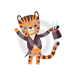 Cute Little Tiger Magician Performing his Trick with Rabbit Appearing from Magic Top Hat, Adorable Wild Animal Cartoon