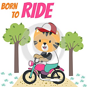 cute little tiger ride motorcycle. Creative vector childish background for fabric, textile, nursery