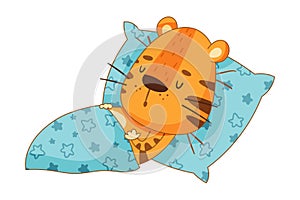Cute little tiger sleeping in bed. Adorable baby animal character cartoon vector illustration