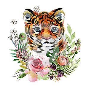 Cute little Tiger watercolor illustration. wild baby animals series.