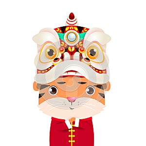 Cute Little tiger wear lion dance head greeting and Happy Chinese new year 2022 year of the tiger zodiac, Cartoon vector