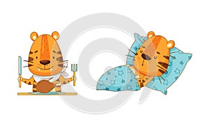 Cute little tigers set. Funny baby animal character sleeping in bed and having breakfast vector illustration