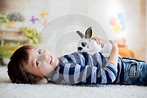 Cute little toddler boy, dressed smart casual, playing with little black and white rabbit