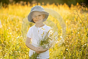 Cute little toddler child, blond boy, eating watermelon in beautiful daisy field