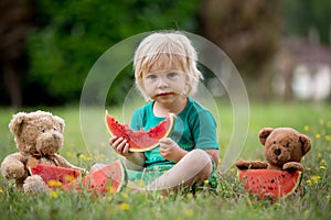 Cute little toddler child, blond boy, eating watermelon in the park