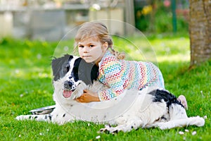 Cute little toddler girl playing with family dog in garden. Happy smiling child having fun with dog, hugging playing