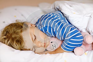 Cute little toddler girl sleeping in bed with favourite soft plush toy lama. Adorable baby child dreaming, healthy sleep