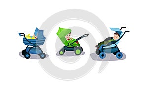 Cute Little Toddlers Sitting in Baby Carriage Vector Illustration Set