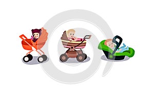 Cute Little Toddlers Sitting in Baby Carriage Vector Illustration Set