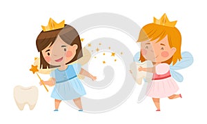 Cute little Tooth Fairy with baby teeth set. Lovely winged girls in golden crown with magic wand cartoon vector