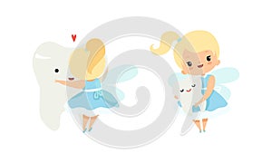 Cute Little Tooth Fairy with Blond Hair and Ponytail Embracing First Baby Tooth Vector Set