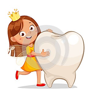 Cute little tooth fairy with crown. Cheerful fairy cartoon character in a yellow dress holding big tooth.