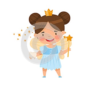 Cute Little Tooth Fairy with First Baby Tooth and Wand Vector Illustration