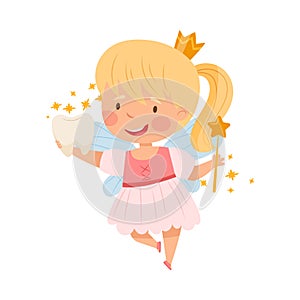 Cute Little Tooth Fairy with First Baby Tooth and Wand Vector Illustration