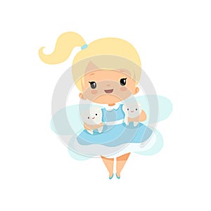 Cute Little Tooth Fairy Flying with Baby Teeth, Lovely Blonde Fairy Girl Cartoon Character in Light Blue Dress with