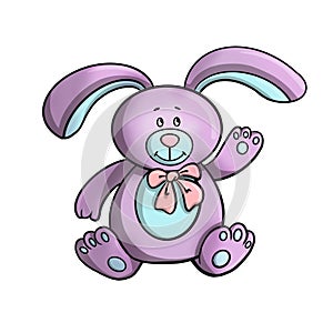 Cute little toy rabbit smiling, fluffy rabbit character in cartoon style, illustration