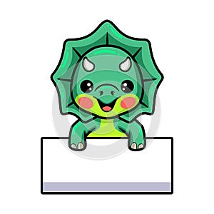 Cute little triceratops dinosaur cartoon with blank sign
