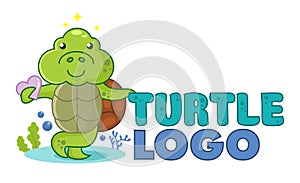Cute little turtle holding a heart. Pet shop logo or mascot. Underwater funny logotype. Design for print, emblem, t-shirt, party