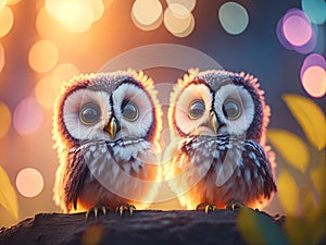 A cute little two baby owls symbol of love. ai generative