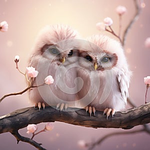 A cute, little two baby owls, symbol of love. Pastel, creative, animal concept