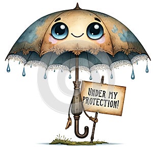 A cute little umbrella character with sing board and text on it Under My Protection