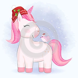 Cute little unicorn and bird, Christmas season watercolor illustration