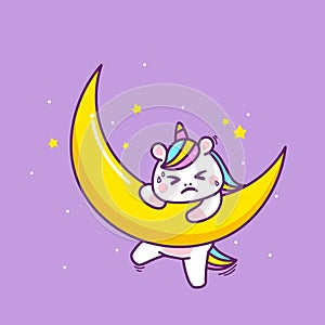 Cute little unicorn climbing a moon