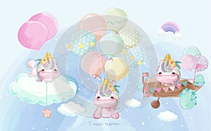 A cute little unicorn in colorful watercolor style Set