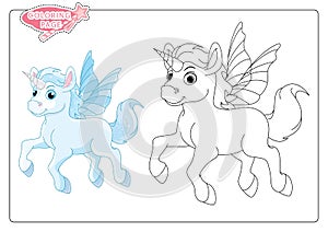Cute little unicorn coloring page on white background