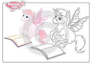Cute little unicorn coloring page on white background