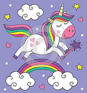 Cute little unicorn flies over the rainbow