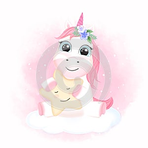 Cute Little Unicorn hugging star on the cloud hand drawn cartoon illustration