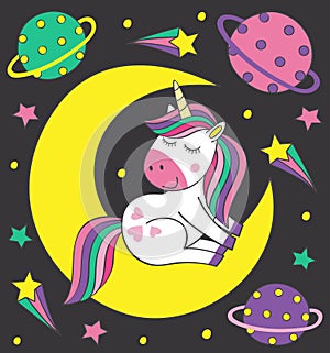 Cute little unicorn on the moon