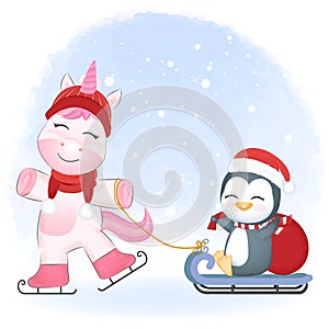 Cute little unicorn pulling penguin on sleigh, Christmas illustration