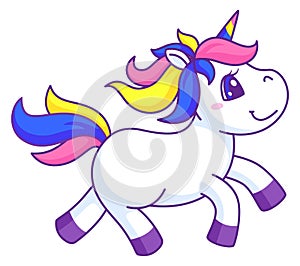 Cute little unicorn running. Cartoon fairytale character