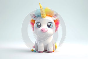 Cute little unicorn sits and looks ahead on a blue background. illustration; Generative AI.