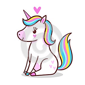 A cute little unicorn is sitting on a white background