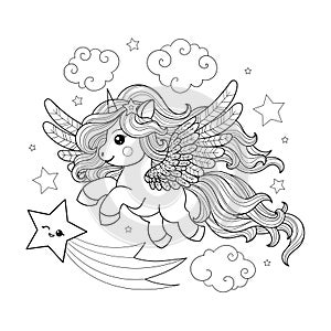 Cute, little unicorn in the sky. Vector illustration