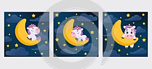 Cute little unicorn sleeping on moon in night sky set card template. Cartoon character for kids room decoration, nursery art,