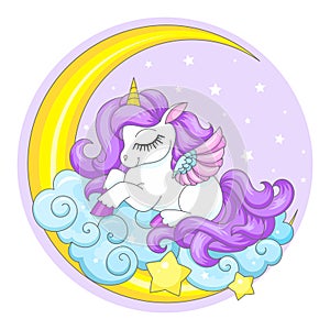 Cute little unicorn sleeps on a cloud near the moon. Vector